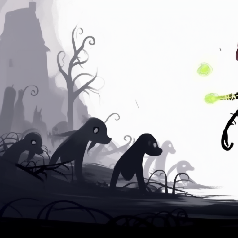 Stickman friends spiralling in the form of intertwined snakes, skeletal structure with background hinting at a dim-lit dungeon. halloween themed stickman pfp pfp for discord.