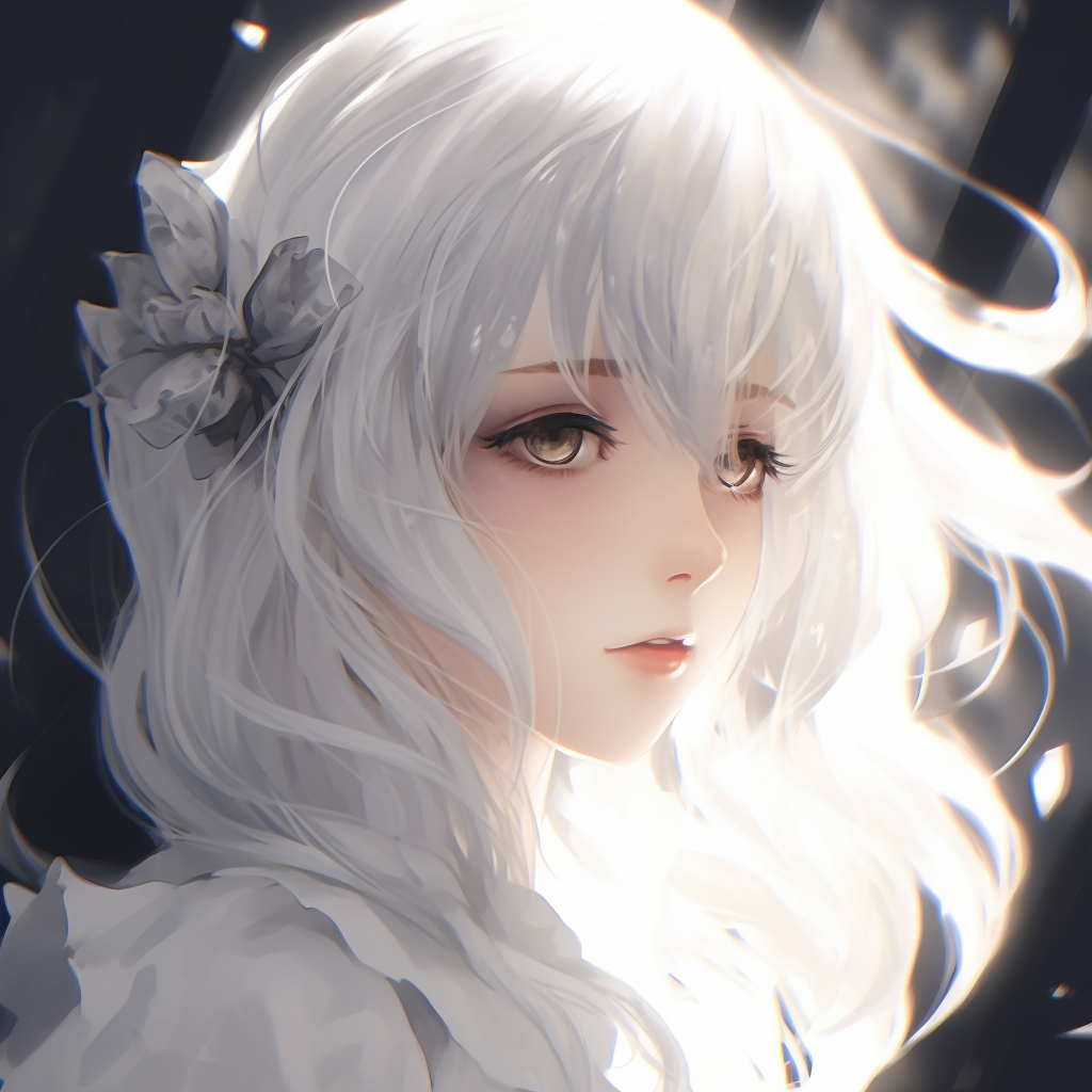 Side profile of a dreamy white-haired anime girl manifesting sparkly eyes and luminous complexion. white hair anime pfp girl