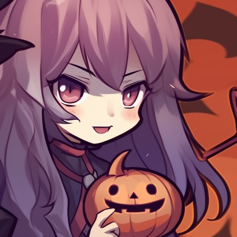 Two characters dressed in cute ghoul costumes, stylized art style with bold lines and expressive poses. anime inspired thanksgiving matching pfp halloween theme pfp for discord.