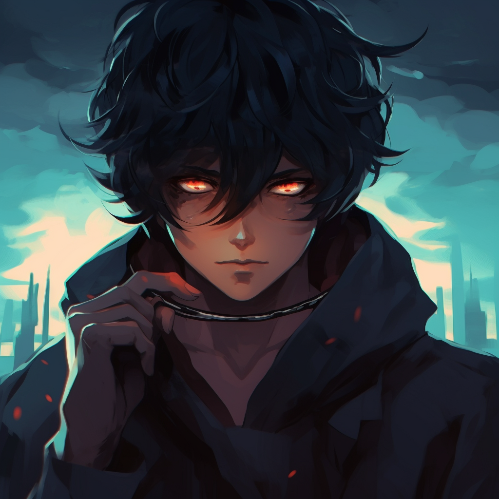 An anime guy shrouded in shadows, heavy contrasts and cool colors. dark anime guy pfp styles pfp for discord.