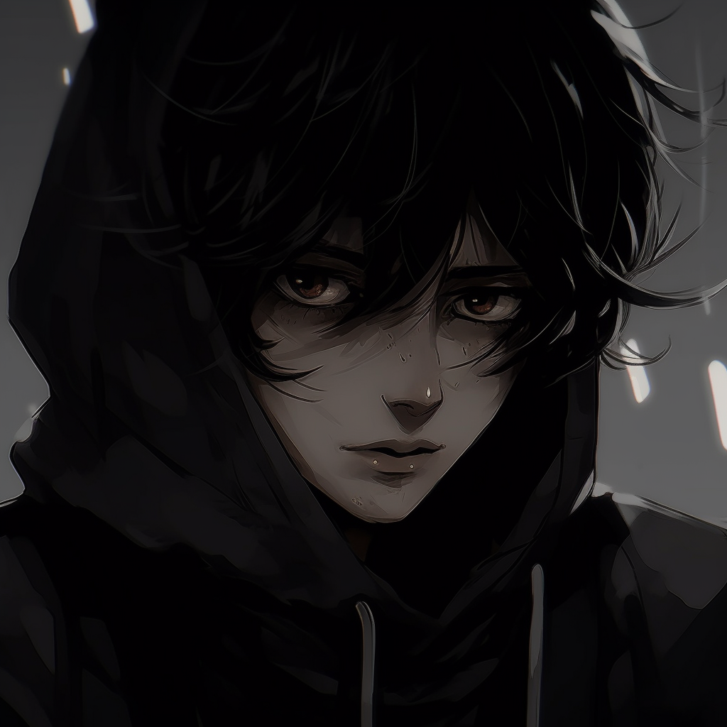 Profile shot of a shadowy aesthetic anime character, detailed lines and monochromatic colors. diverse selection of anime pfp dark aesthetic pfp for discord.