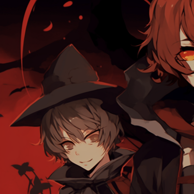 Two characters in matching Halloween outfits, detailed designs and fiery colors. matching pfp dazai chuuya halloween theme pfp for discord.
