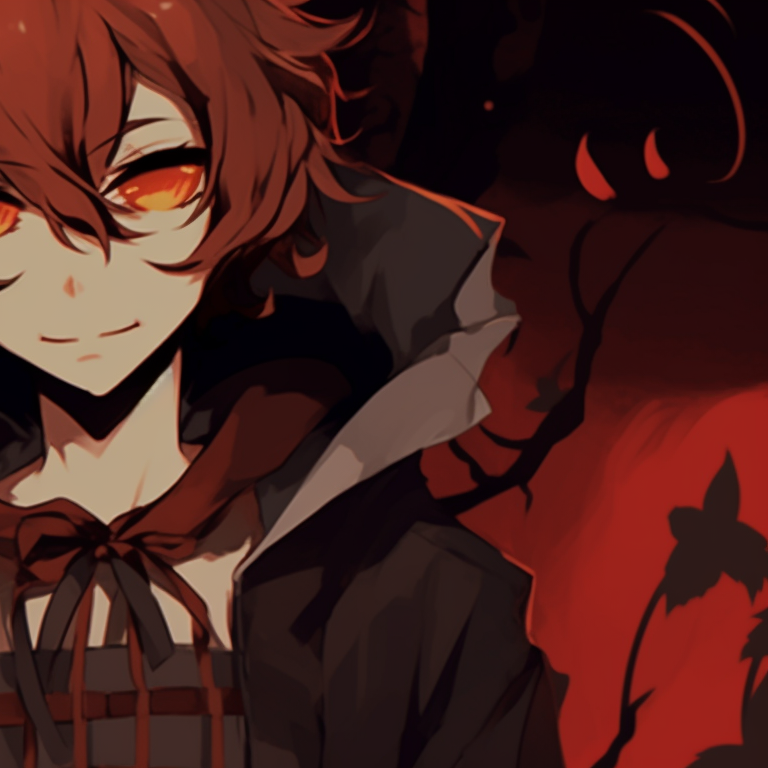 Two characters in matching Halloween outfits, detailed designs and fiery colors. matching pfp dazai chuuya halloween theme pfp for discord.
