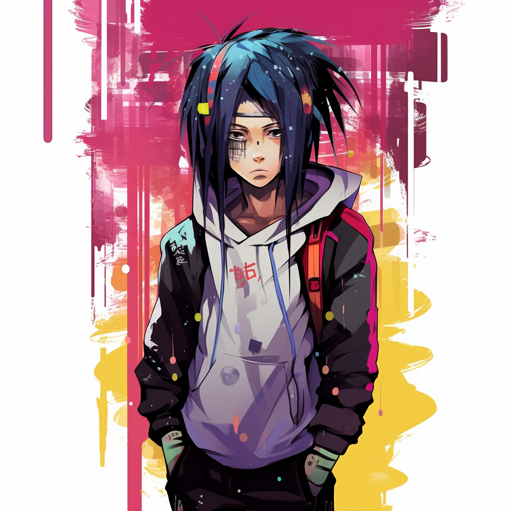 Intricate details of Sasuke Uchiha's drip outfit, blending anime character design with urban fashion. charming drip anime characters pfp for discord.