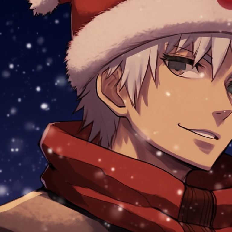 Two characters in their ninja garb, decorated with christmas symbols, gazing at each other. best matching christmas naruto pfp pfp for discord.