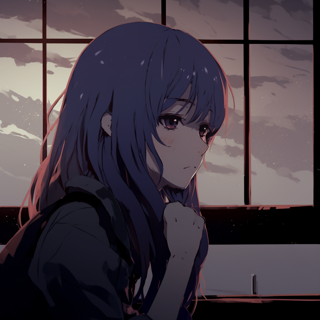 A lonely anime girl staring out a window, rendered in melancholic colors. depressed anime girl pfp wallpaper pfp for discord.