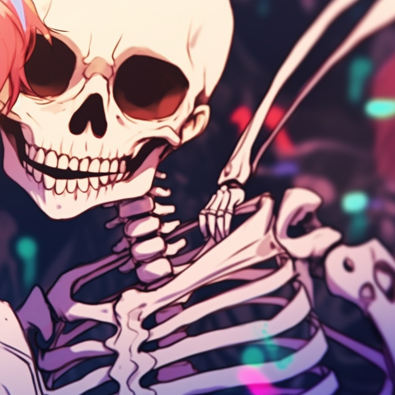 Two skeleton characters, vivid colors and animated movement, mistletoe above. matching christmas pfp skeleton kissing - animated display pfp for discord.