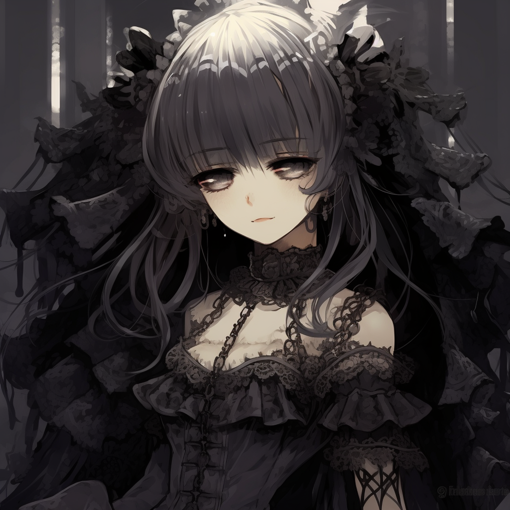 Dark maiden anime character dressed in theatrical gothic attire, presenting a dark roses. top-rated goth anime girl pfp pfp for discord.