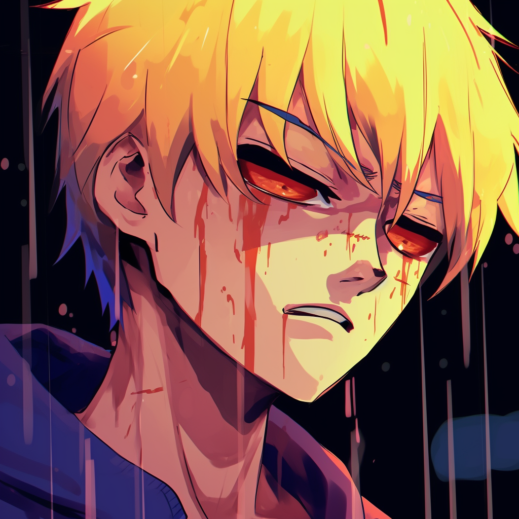 Naruto Uzumaki crying, detailed facial expression with vivid colors. high-quality anime sad pfps