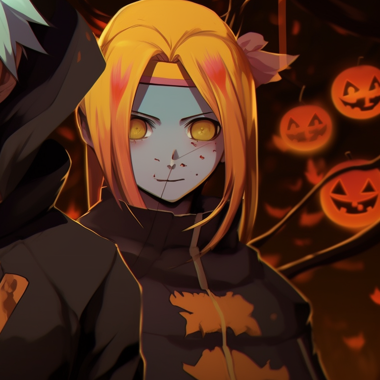 Two Naruto characters side by side, featuring Halloween-themed costumes and creepy elements in the background. naruto pfp halloween aesthetics pfp for discord.