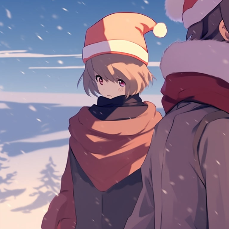 Two characters exchanging Christmas gifts, detailed with festive wrapping paper and ribbons, red, green and gold tones. vintage matching discord pfp christmas pfp for discord.