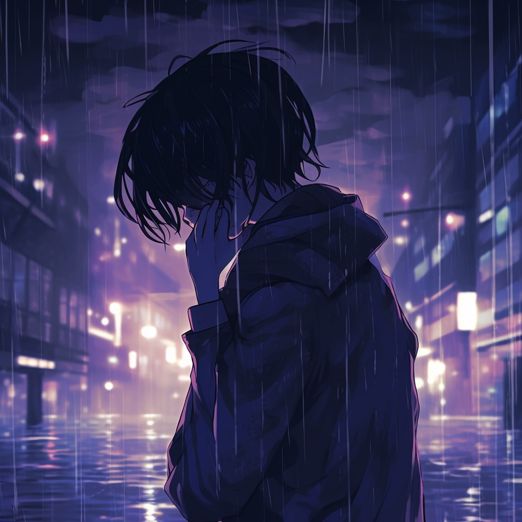 A male character standing solitary in an urban cityscape, muted tones. aesthetic depressed pfp images