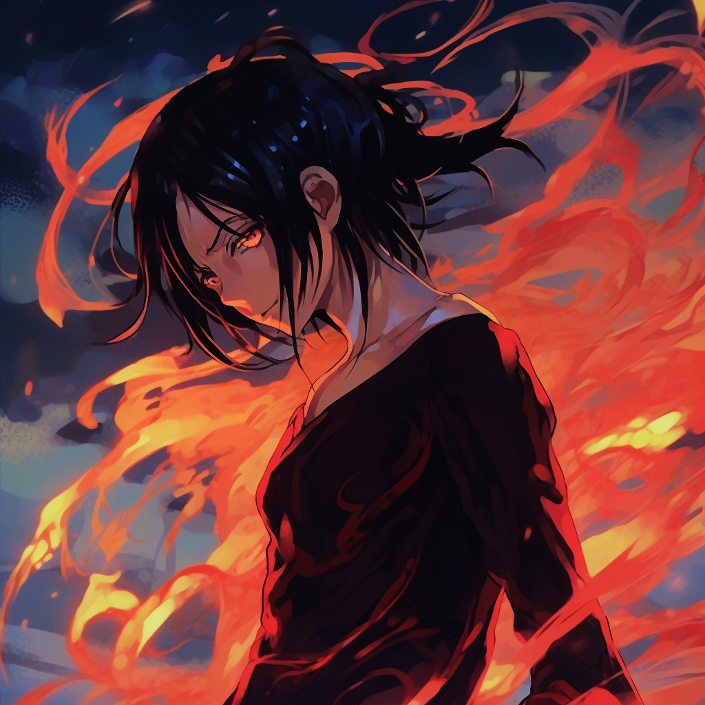 Character gracefully dancing amidst flames, fluid lines and glowing color palette. female fire anime pfp