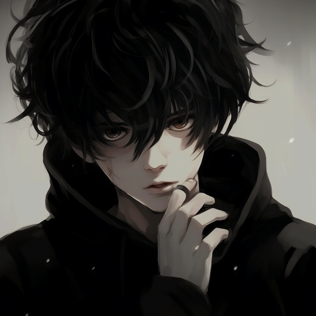 Anime boy depicted in grayscale, emphasizing the stark contrast between light and darkness. anime boy pfp aesthetic in black pfp for discord.