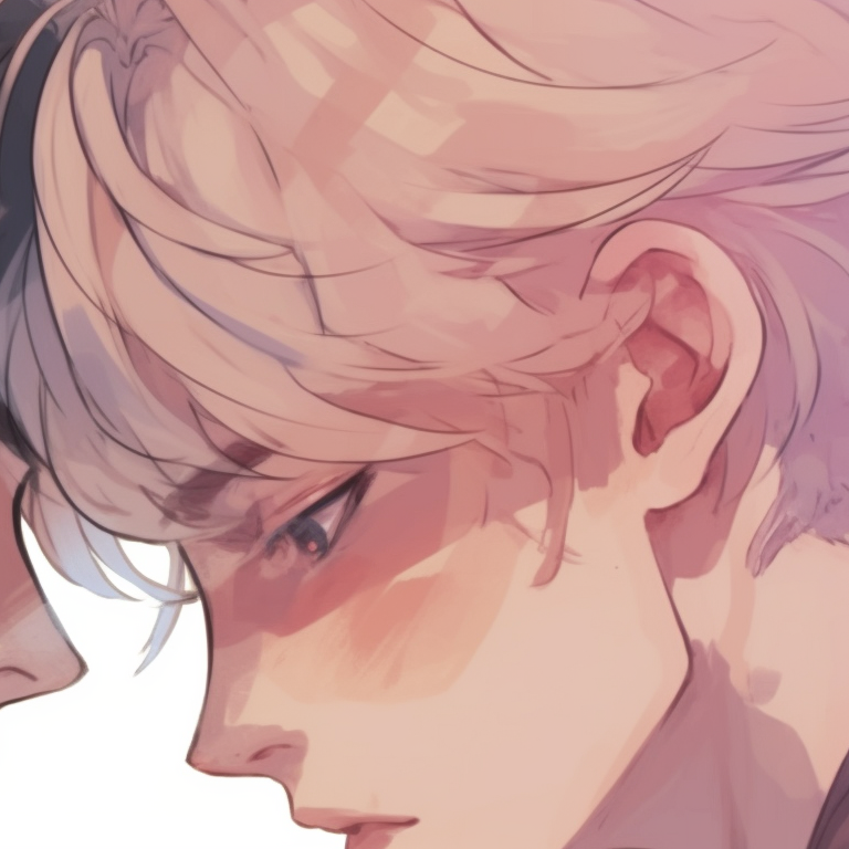 Silhouettes of two male characters against the setting sun, emphasized expressions and a touch of melancholy ambiance. bl matching pfp style pfp for discord.