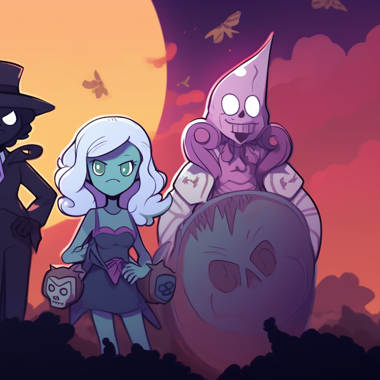 Garnet with a glowing pumpkin, features sharp character lines in a dynamically posed scene, encased in warm, earthy colors. halloween themed steven universe profile pictures pfp for discord.