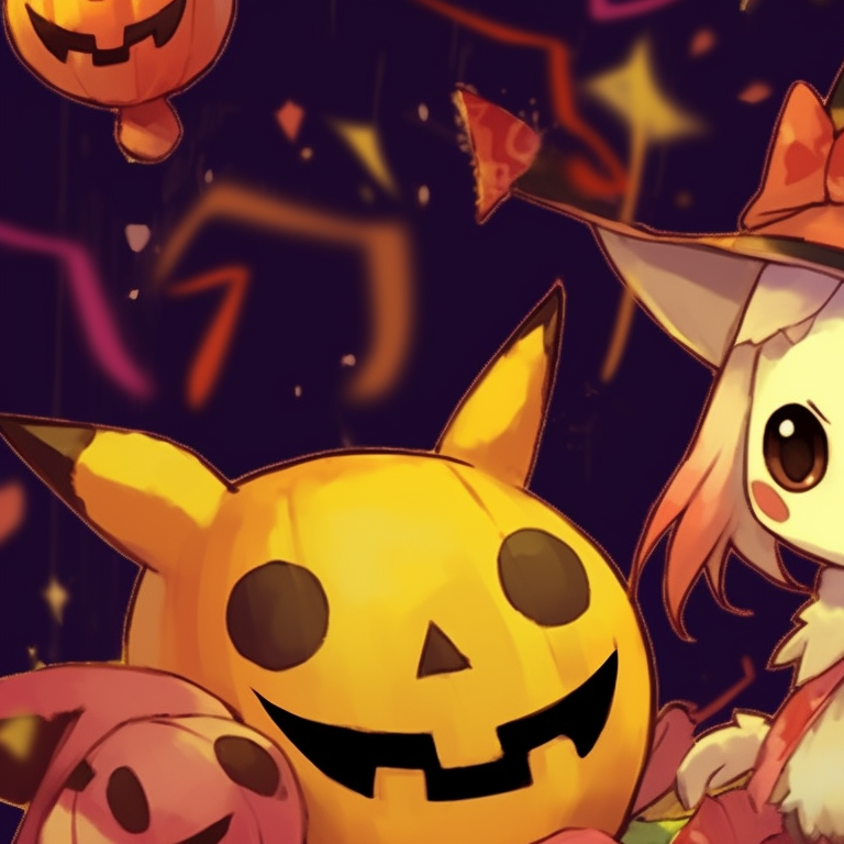 Two Jigglypuff Pokémon, one wearing a witch's hat, the other with vampire fangs, surrounded by candy corn and spider webs. classic matching pokemon pfp with halloween theme pfp for discord.