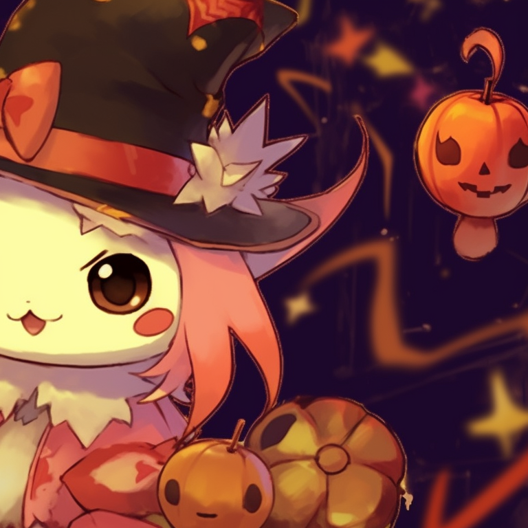 Two Jigglypuff Pokémon, one wearing a witch's hat, the other with vampire fangs, surrounded by candy corn and spider webs. classic matching pokemon pfp with halloween theme pfp for discord.