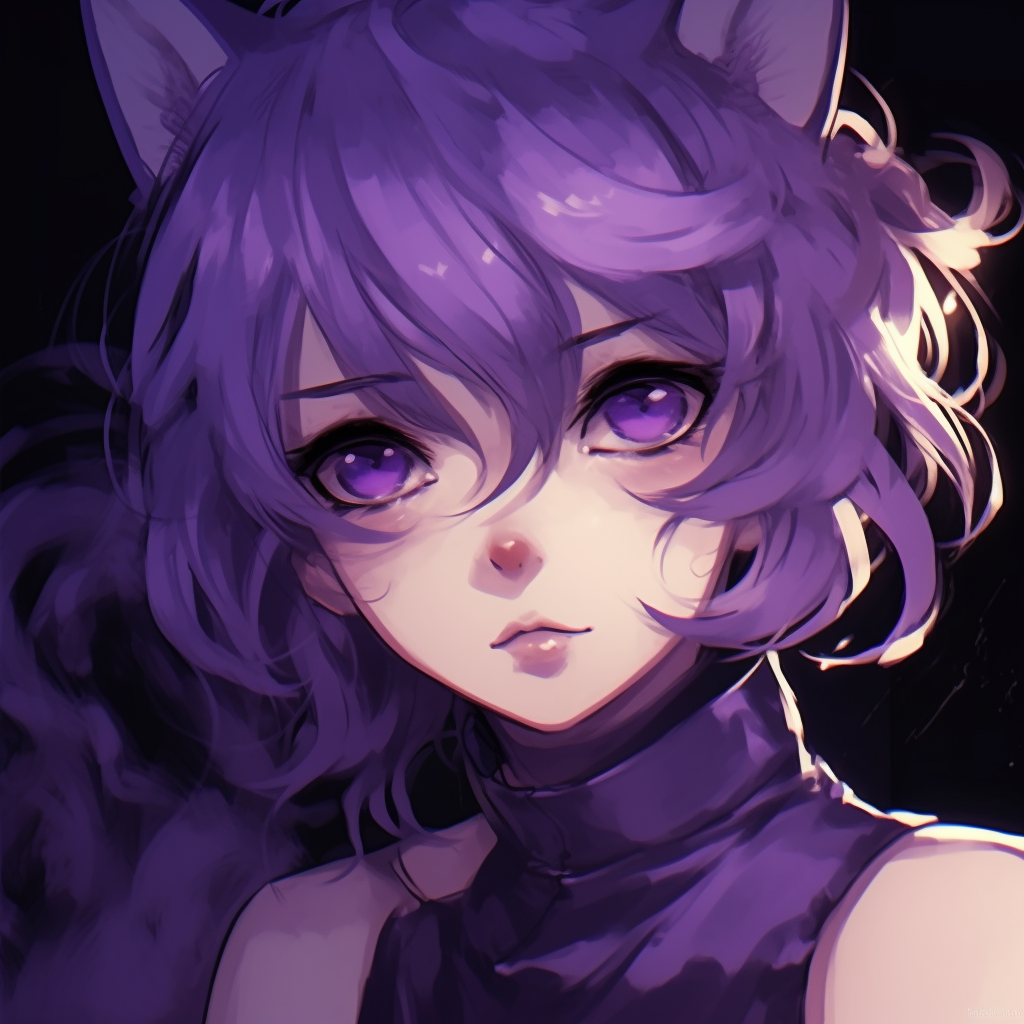 Close-up of a female character, with detailed purple cat-like eyes and hair, a hint of smile on her face. female purple anime pfp pfp for discord.