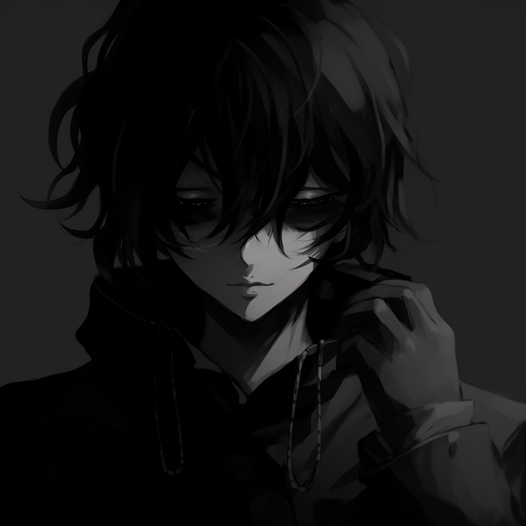 Anime character shrouded in darkness, rich black tones and faintly visible features. exceptional darkness anime pfp pfp for discord.