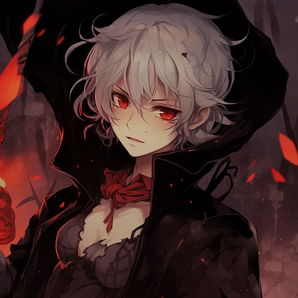Anime vampire in front of a dark castle, Gothic architecture and muted greys prevail. halloween pfp anime genres