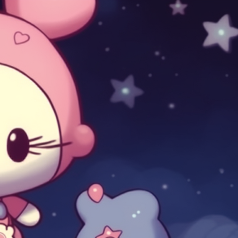 Two Hello Kitty characters under a starry sky, navy hues with twinkling star details. creative matching hello kitty pfp pfp for discord.