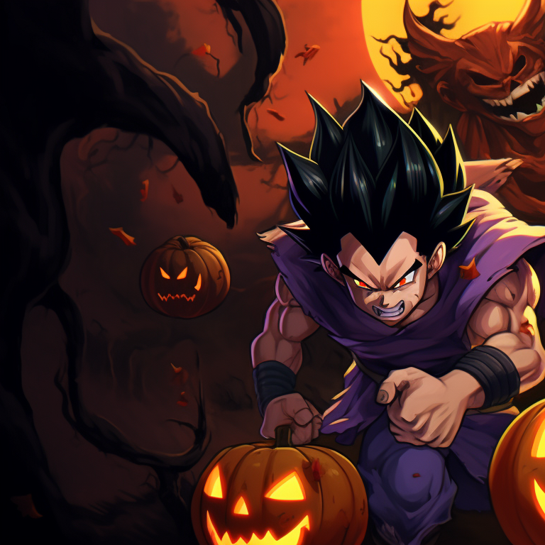 Bulma and Chi-Chi sporting matching pumpkin sweaters, striking contrast between the orange pumpkin and the dark background. dragon ball halloween matching pfp theme pfp for discord.