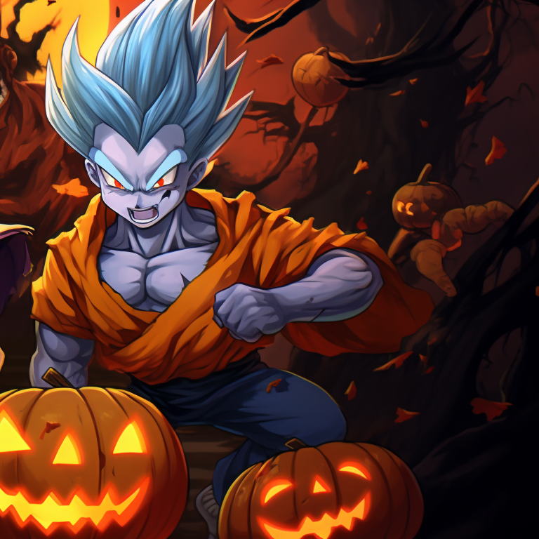 Bulma and Chi-Chi sporting matching pumpkin sweaters, striking contrast between the orange pumpkin and the dark background. dragon ball halloween matching pfp theme pfp for discord.