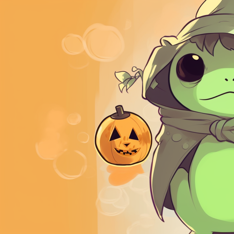 Two frog characters sitting on pumpkins, orange and green heavy palette, a spooky graveyard atmosphere. unique matching frog pfp halloween theme styles pfp for discord.