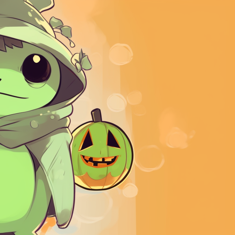 Two frog characters sitting on pumpkins, orange and green heavy palette, a spooky graveyard atmosphere. unique matching frog pfp halloween theme styles pfp for discord.