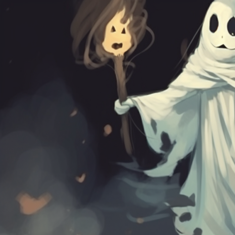 Two ghost characters, glowing in dark, with haunted castle in the background. history of ghost pfp for halloween pfp for discord.