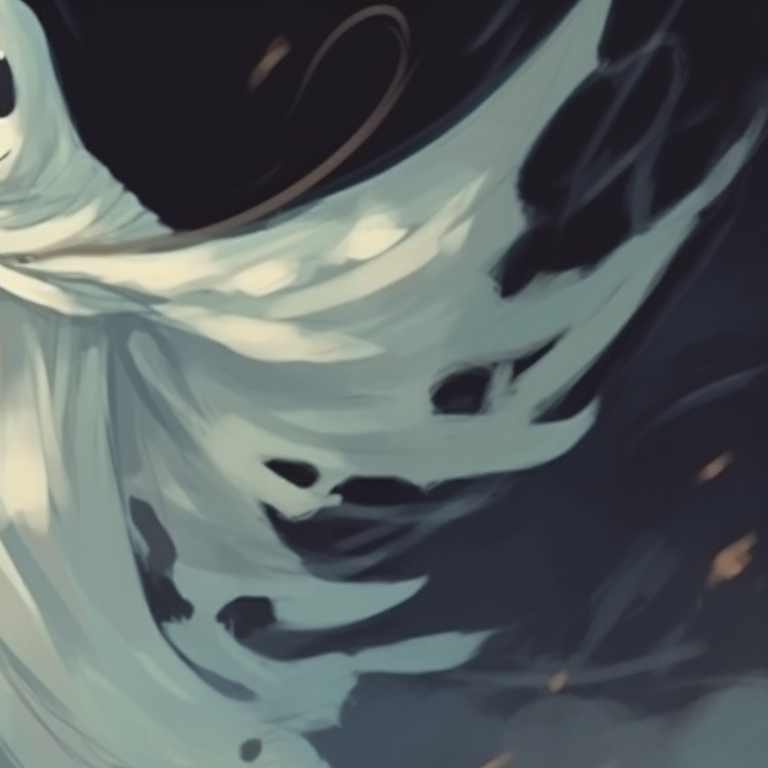 Two ghost characters, glowing in dark, with haunted castle in the background. history of ghost pfp for halloween pfp for discord.