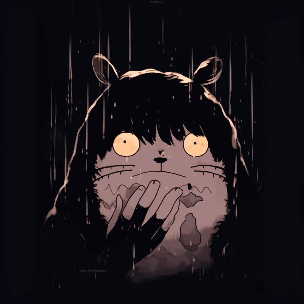 Sombre portrait of Totoro in desolated style, dark shades with grunge elements. anime inspired grunge aesthetic pfp pfp for discord.