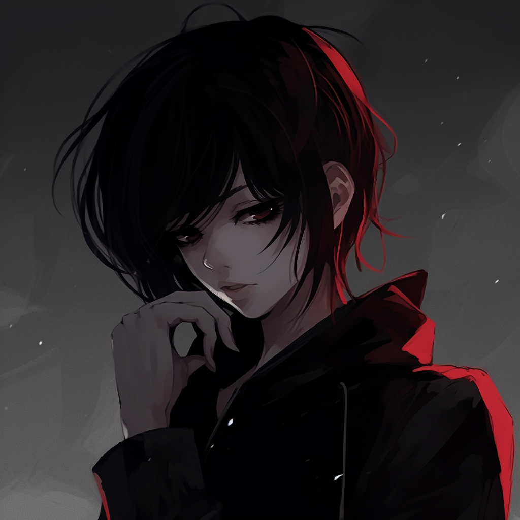 Profile of an anime girl with strikingly crimson eyes, making use of cool and dark colors. dark aesthetic anime pfp girl illustrations