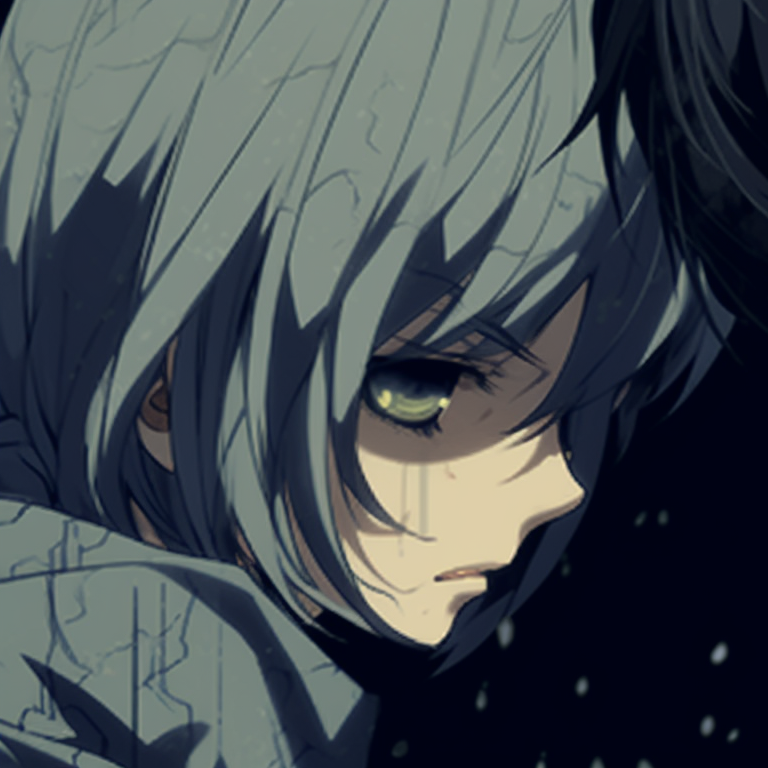 Two characters interacting, their bodies obscured by shadows, focus on glowing eyes. secretive matching gif pfp pfp for discord.