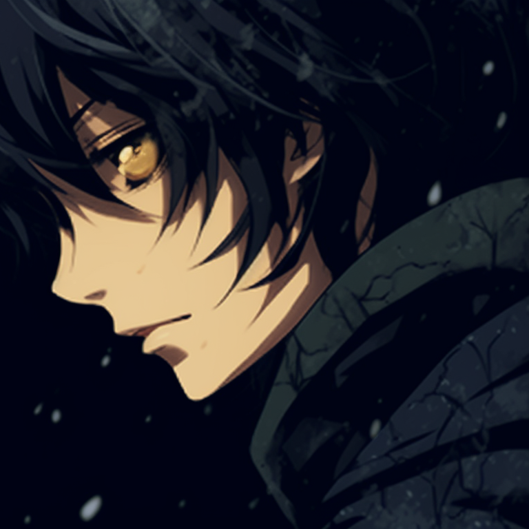 Two characters interacting, their bodies obscured by shadows, focus on glowing eyes. secretive matching gif pfp pfp for discord.