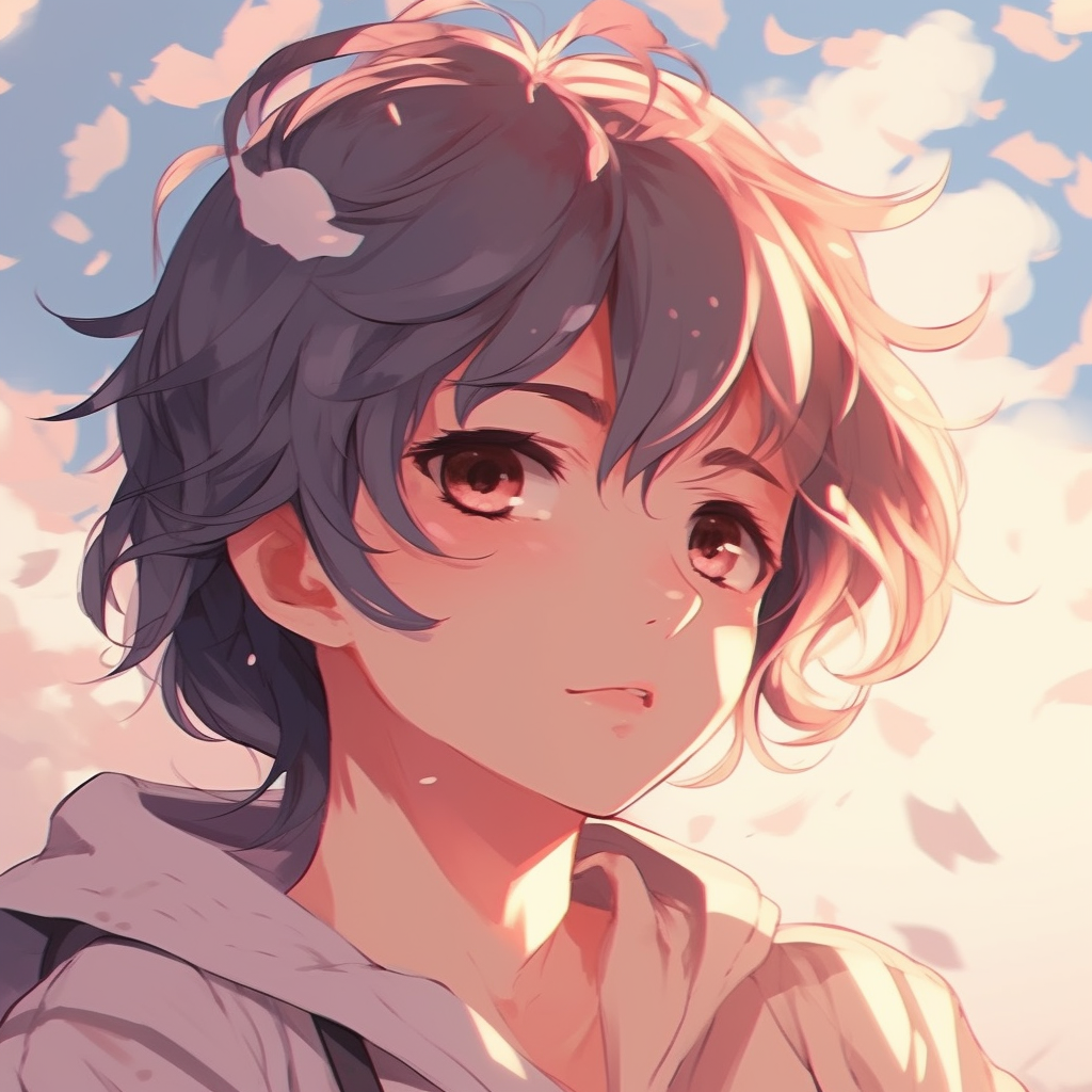 Anime girl enjoying sakura blossoms, light pastel tones and serene expressions. trendy chill anime pfp collection