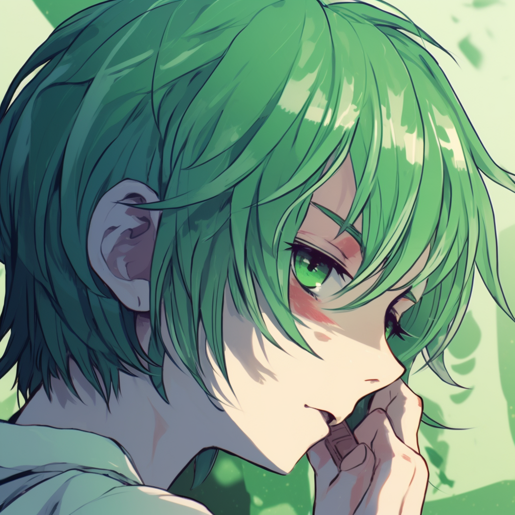 A close-up view of the protagonist with striking green hair, intricate linearts and color gradients green anime pfp vibrant designs