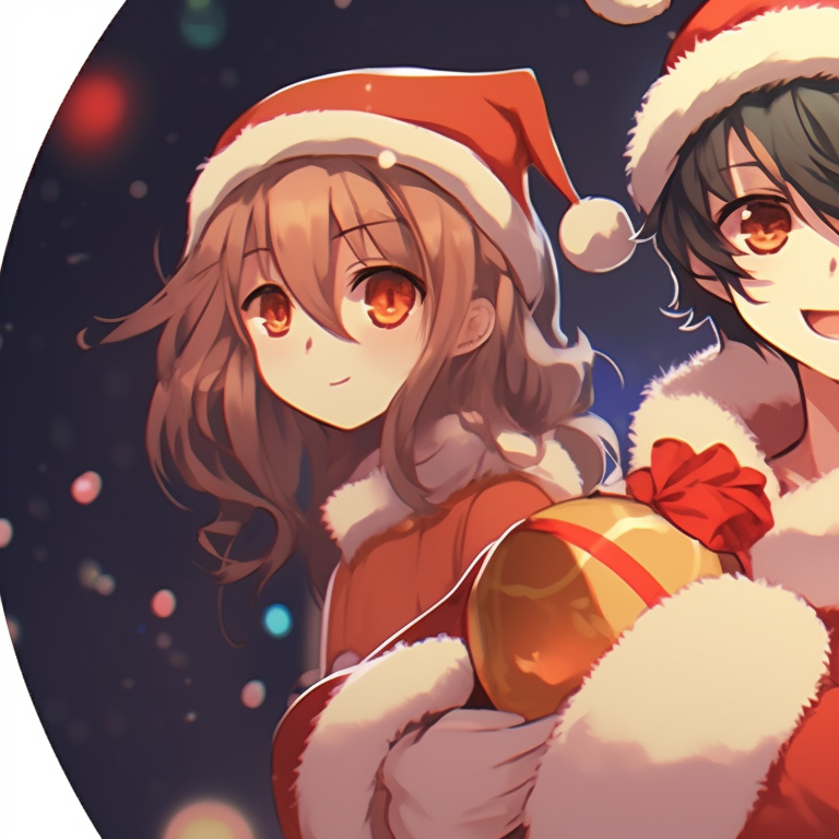 Two characters in an animated laughter, with a background of a cheerful holiday decor, warm palette and playful mood. fun-friend group matching christmas pfp pfp for discord.