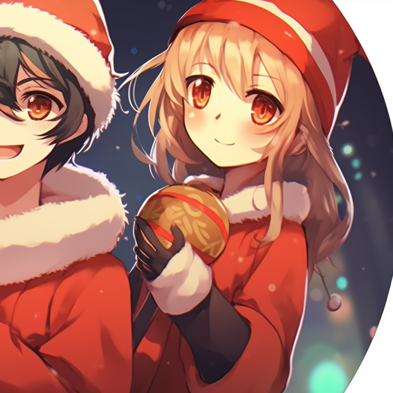 Two characters in an animated laughter, with a background of a cheerful holiday decor, warm palette and playful mood. fun-friend group matching christmas pfp pfp for discord.