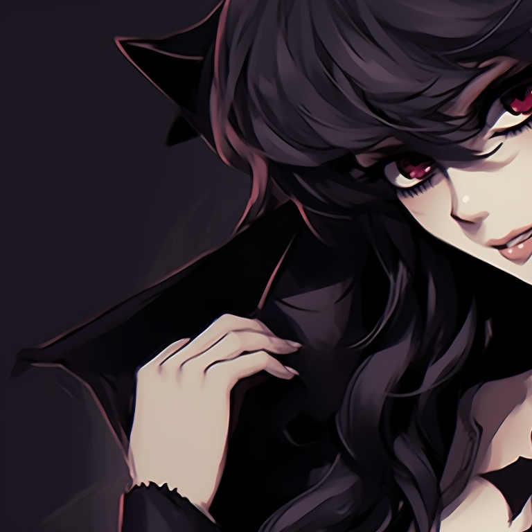 Two characters in gothic outfits, deep colors with detailed lacework, leaning into each other. dark matching pfp halloween theme couples pfp for discord.