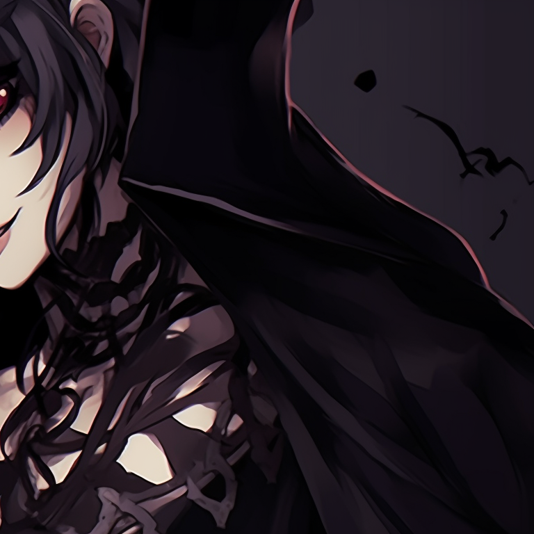 Two characters in gothic outfits, deep colors with detailed lacework, leaning into each other. dark matching pfp halloween theme couples pfp for discord.