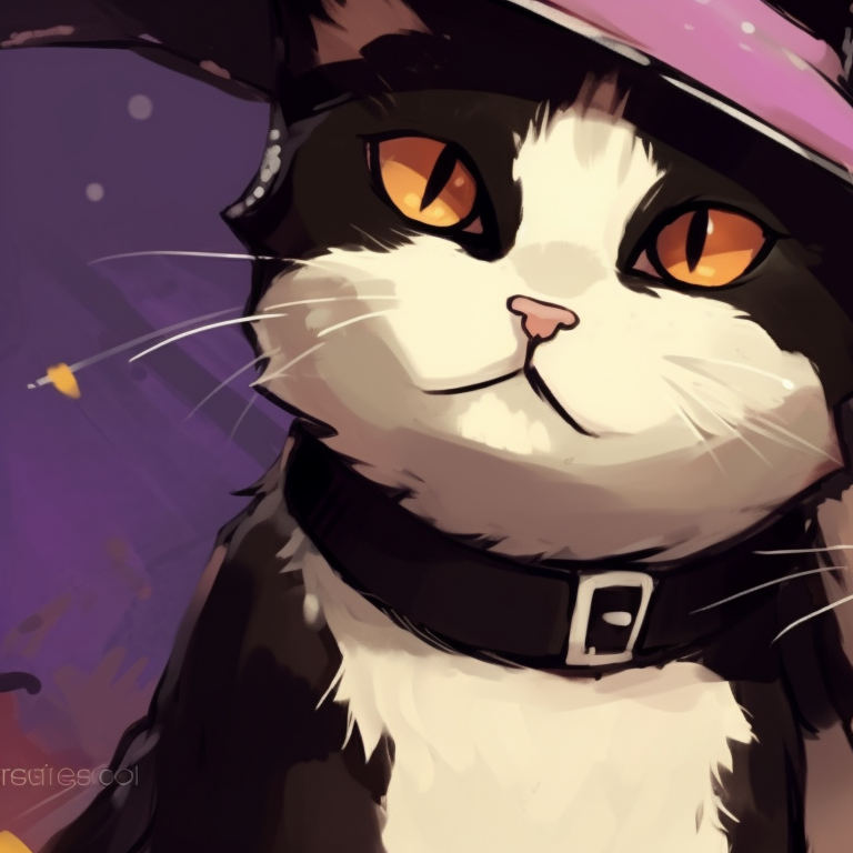 Two cat characters in witch hats, with vibrant colors and vibrant expressive eyes. matching halloween theme cat pfp pfp for discord.