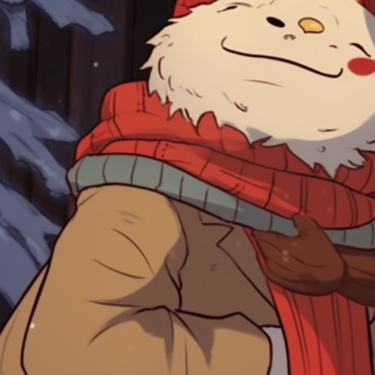 Two characters in winter attire, earthy colors with Christmas accents, smiling at each other. matching retro aesthetic cartoon pfp christmas inspirations pfp for discord.