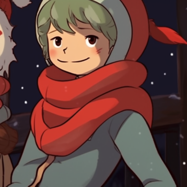Two characters in winter attire, earthy colors with Christmas accents, smiling at each other. matching retro aesthetic cartoon pfp christmas inspirations pfp for discord.