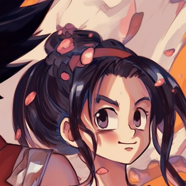 Two characters in formal attire, attention to detail in the elaborate clothing designs, warm color palette. goku and chichi matching portraits pfp for discord.