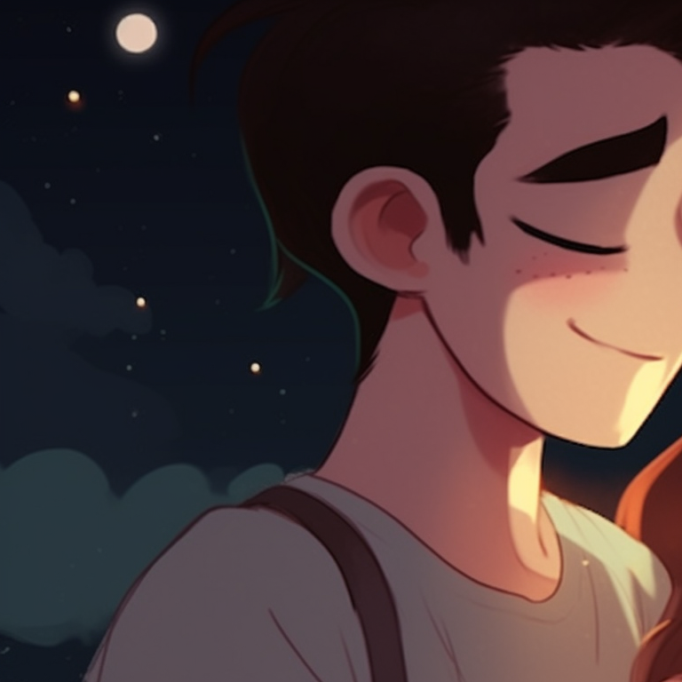Two characters, under the moon's glow, sharing a gaze. stunning matching pfp for couples cartoon pfp for discord.