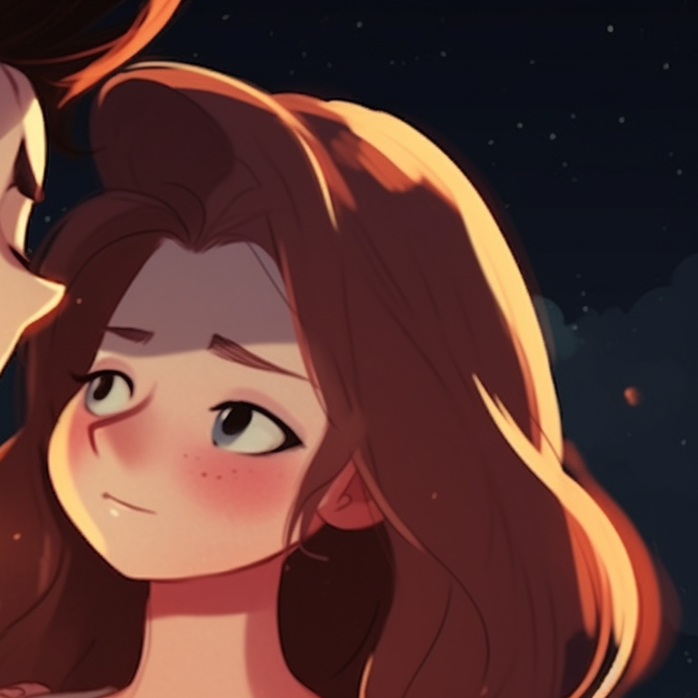 Two characters, under the moon's glow, sharing a gaze. stunning matching pfp for couples cartoon pfp for discord.