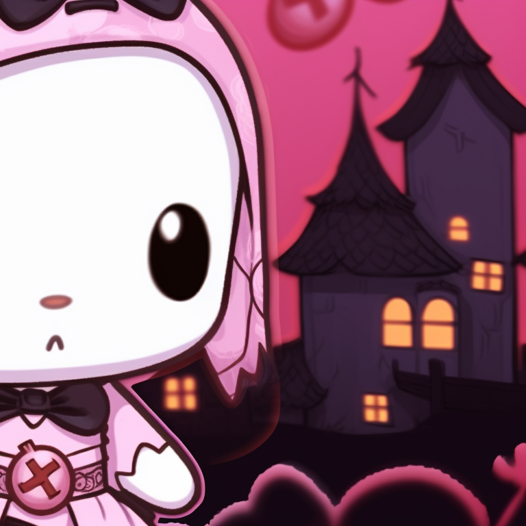 Two My Melody characters in Halloween costumes, standing side by side, with a background of a haunted house. my melody matching pfp halloween theme diy pfp for discord.