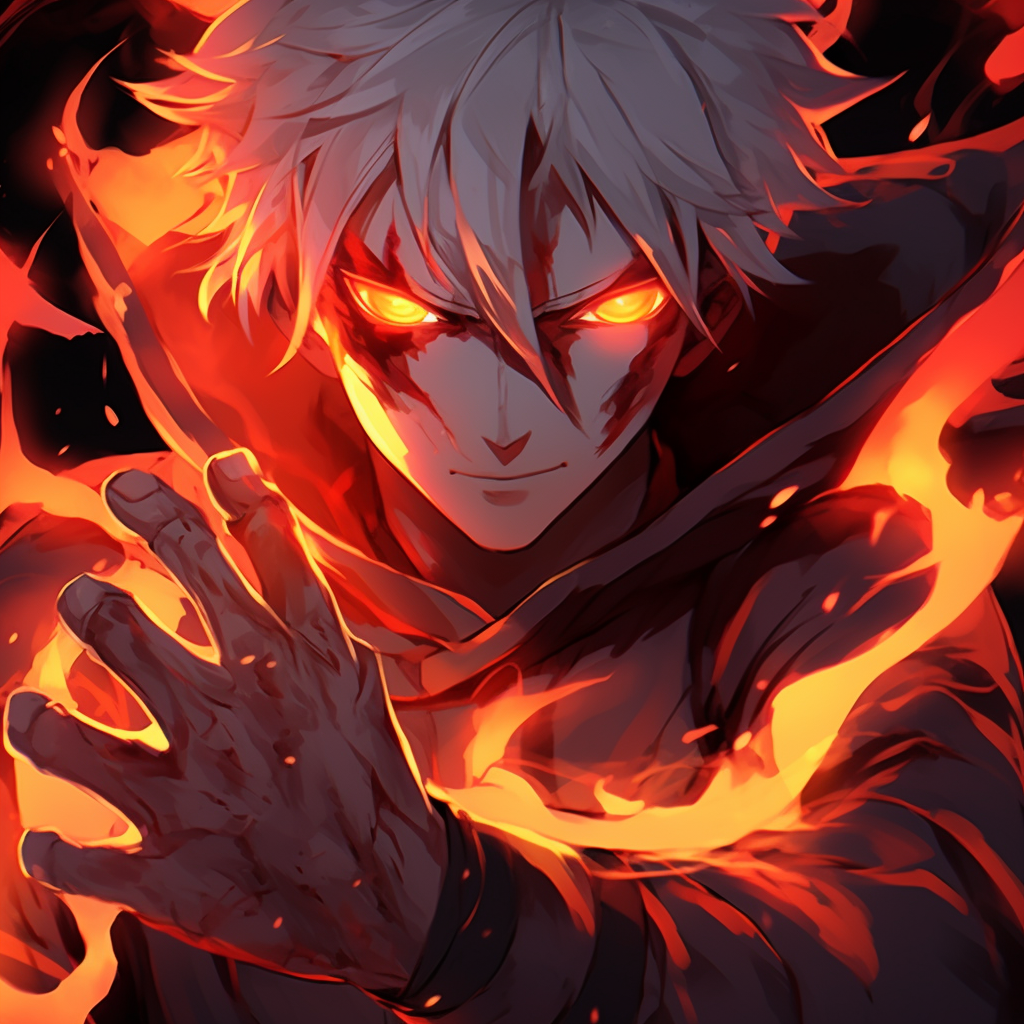 A fire-controlling anime character in a defensive pose, showcasing the bold lines and detailed features. creative fire anime pfp
